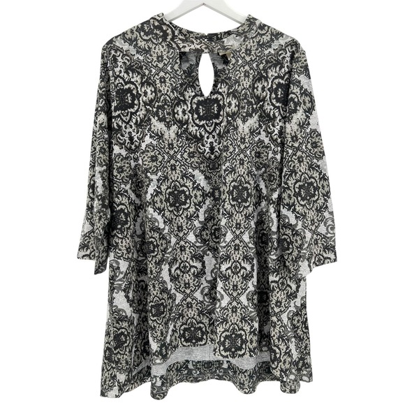 Style & Co Tunic Top Womens 3X Gray Black Damask Print Keyhole Stretch Knit - Picture 1 of 8